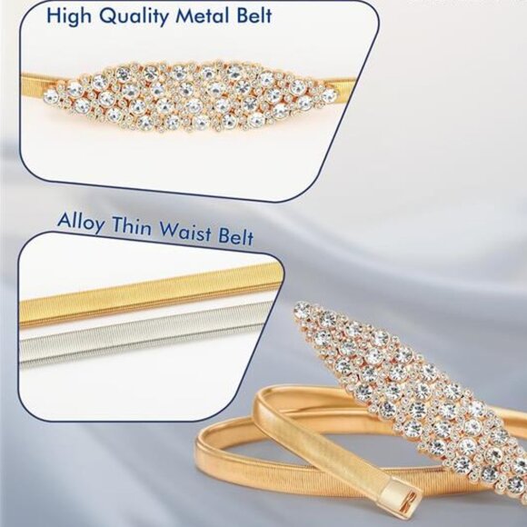 Womens Elastic Thin Metal Waist Belt, Gold - Picture 3 of 4